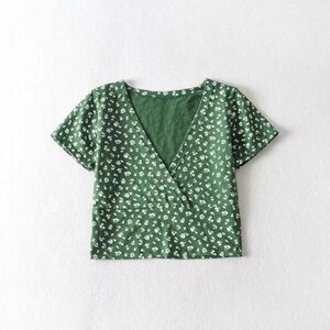 Brandy Melville Amara Top Green Floral Wrap Crop Tee